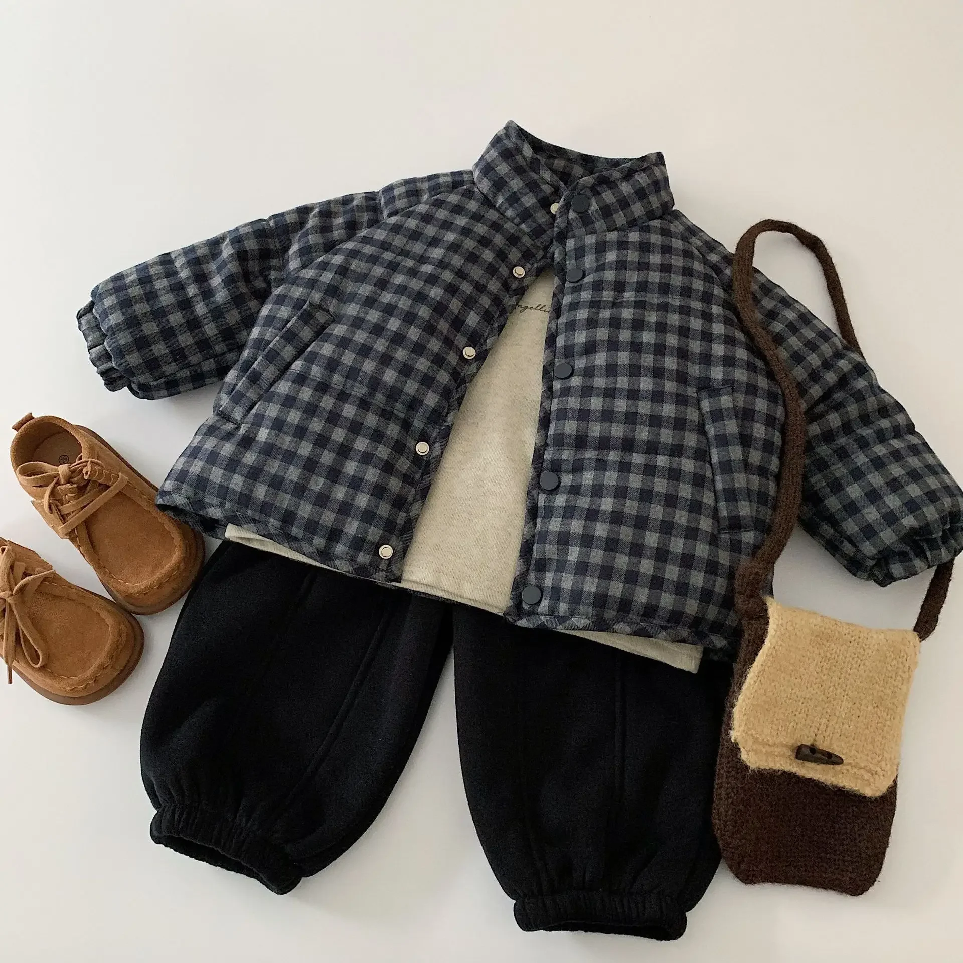 

2025 Winter New Kids Navy Plaid Cotton Coat Fashion Stand Collar Puffer Jacket 1-7Y Boys Girls Warm Thickened Outwear