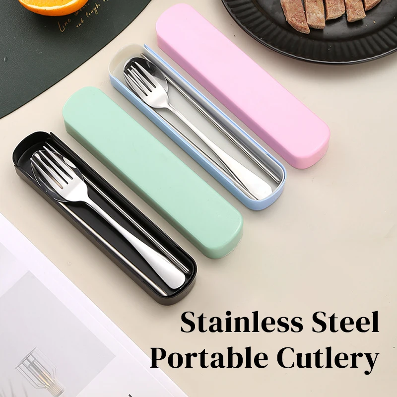

4PCS Portable Cutlery Set Stainless Steel Spoon Chopsticks Fork with Storage Case Home School Travel Tableware Christmas Gift