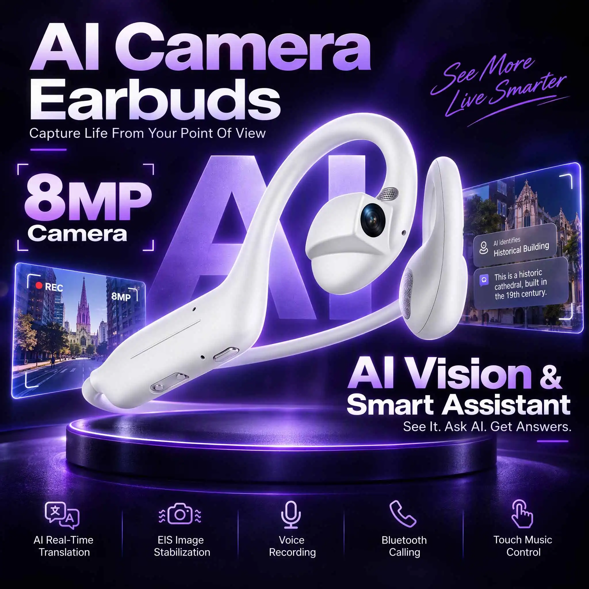 Hot New AI Smart Camera Earbuds  8MP HD Camera Recording AI Assistant Translation  Open Ear Comfortable Wearing Sport Headphones