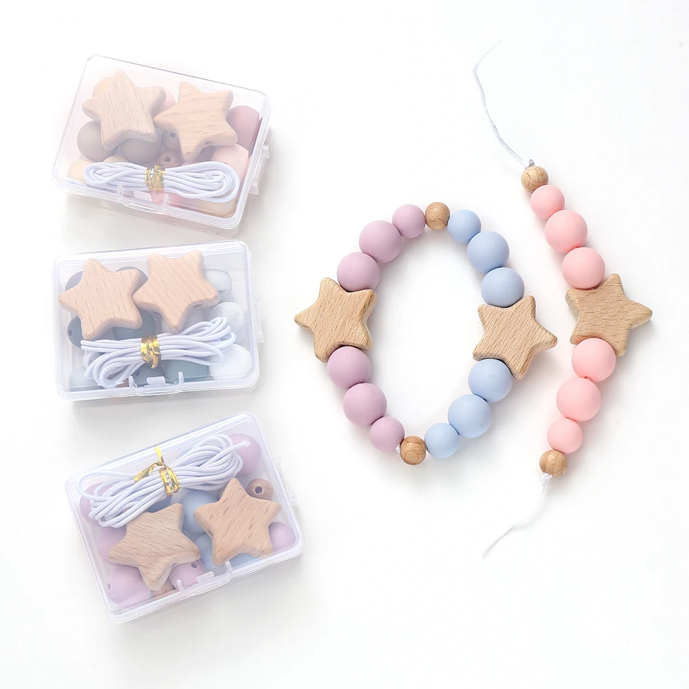 New Colorful Silicone Beads Wooden Pentagram Beads For Jewelry Making Baby Chew Teething Necklace DIY Pacifier Clips Accessory