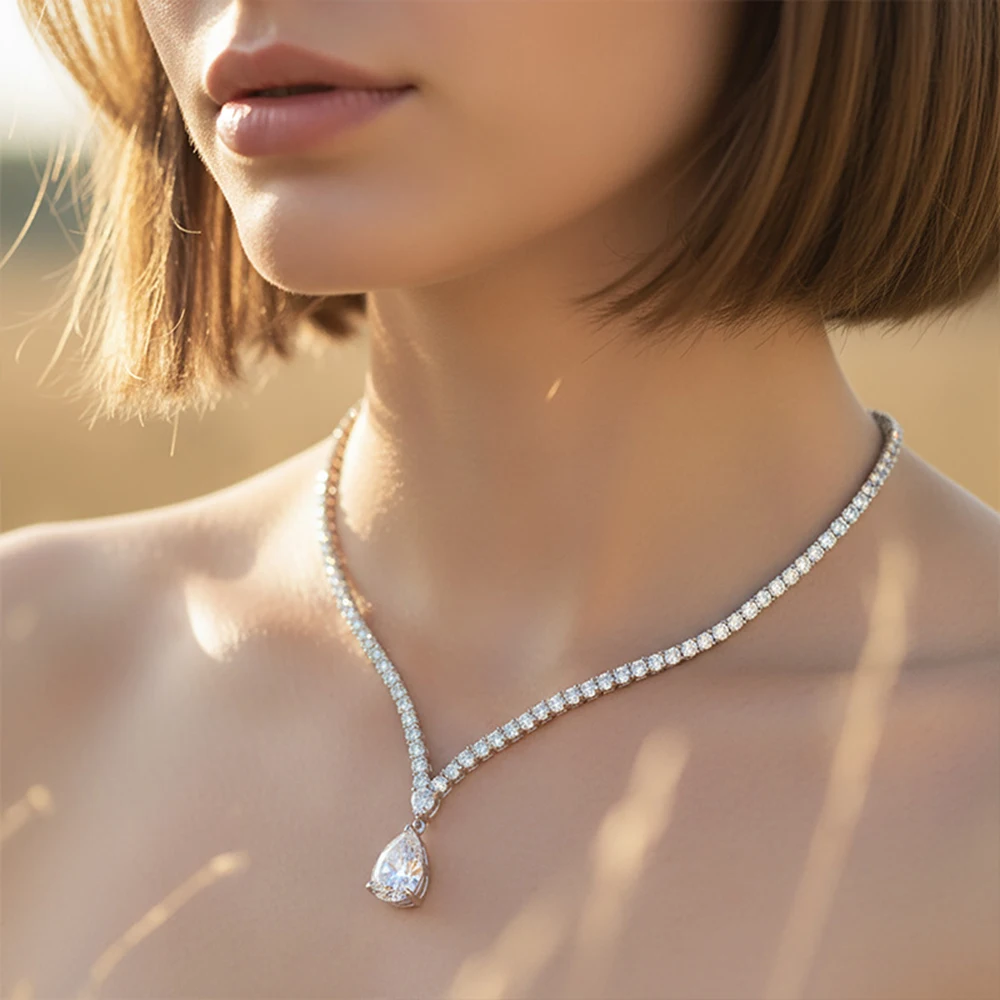 6Carat Pear Cut Full Moissanite Tennis Necklace for Women V-shape 3mm Round Cut Diamond S925 Silver WaterDrop Riviera Necklaces - view 2