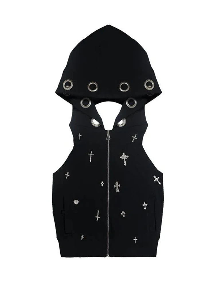 AltGoth Streetwear Gothic Dark Vest Women Harajuku Y2k E-girl Cyberpunk Cross Hooded Crop Tank Top Emo Alt Grunge Outfits Female