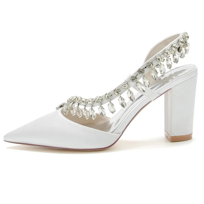 Décolleté da sposa con tacco largo scarpe con strass in raso nappa punta a punta Slip on tacchi da donna per festa/fidanzamento/sera/ballo