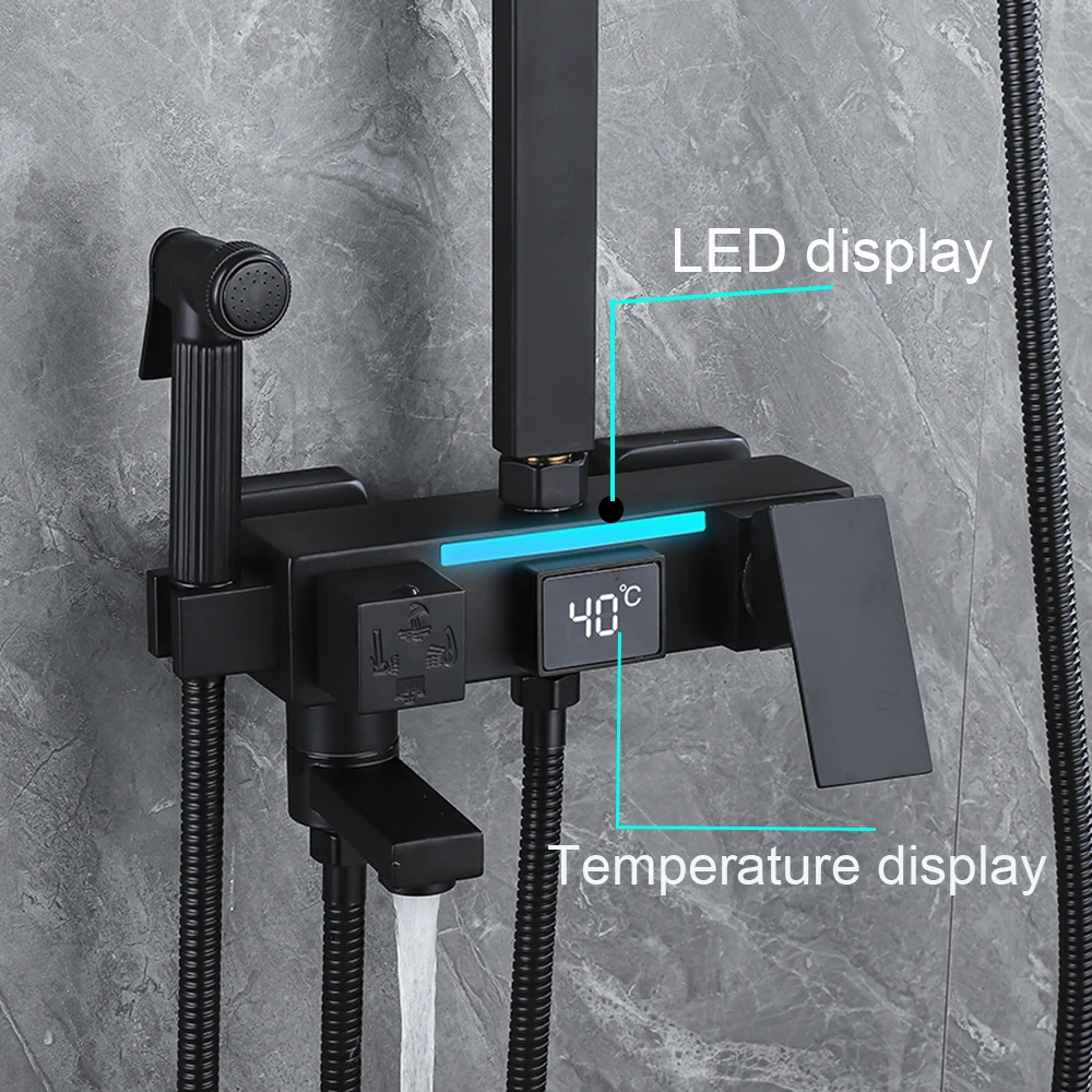 LED Temperature display Shower Faucet  Stainless Steel Cold Hot  Bathtub Tap With Spray Bidet  and Bathroom Shelf