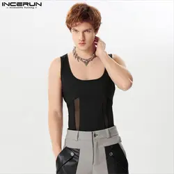 INCERUN 2024 Sexy New Mens Rompers Mesh Splicing Deconstructive Design Jumpsuits Casual Thin Triangle Sleeveless Bodysuits S-5XL