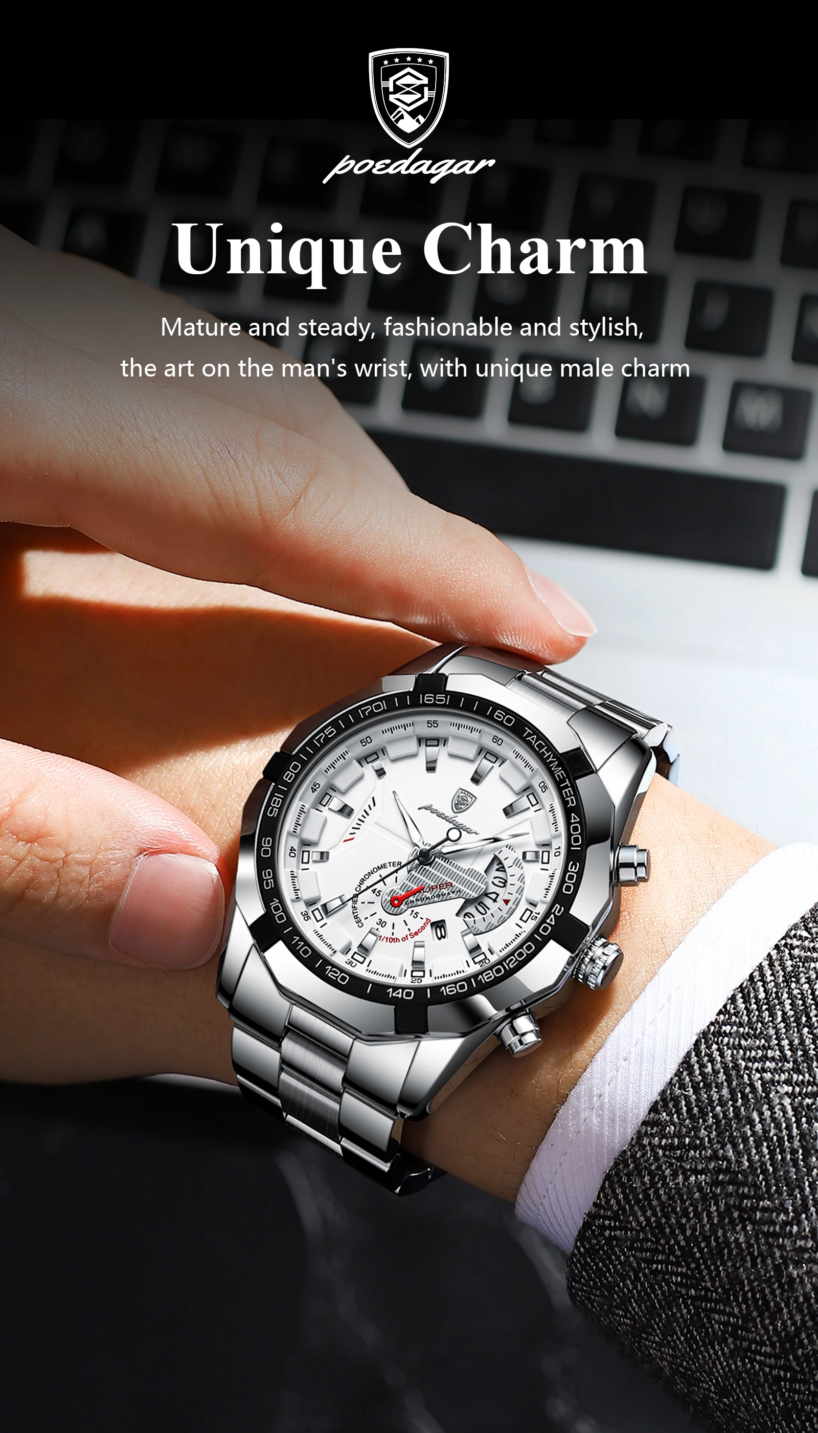 POEDAGAR Luxus Marke Mann Uhr Wasserdicht Leucht Datum Sport Mann Armbanduhr Edelstahl Mode Quarz herren Uhren Reloj – Detail 3