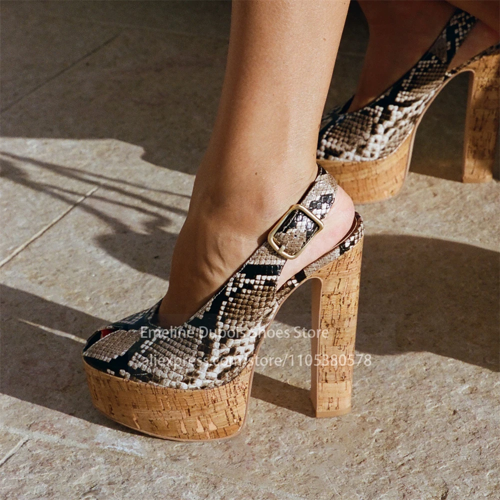 Animal Print Peep Toe Slingback Platform Sandals Buckle PVC Strap Cork High Heel Sandals Sexy Women Vacation Party Casual Summer