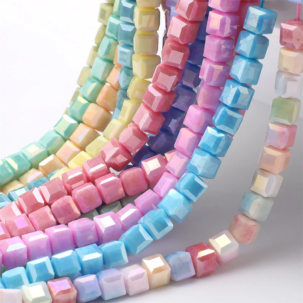 8mm Water Stained Ice Cracks Faceted Crystal Glass Beads Macaron Color Cube Charm Square Glass Beads For DIY Making Jewelry