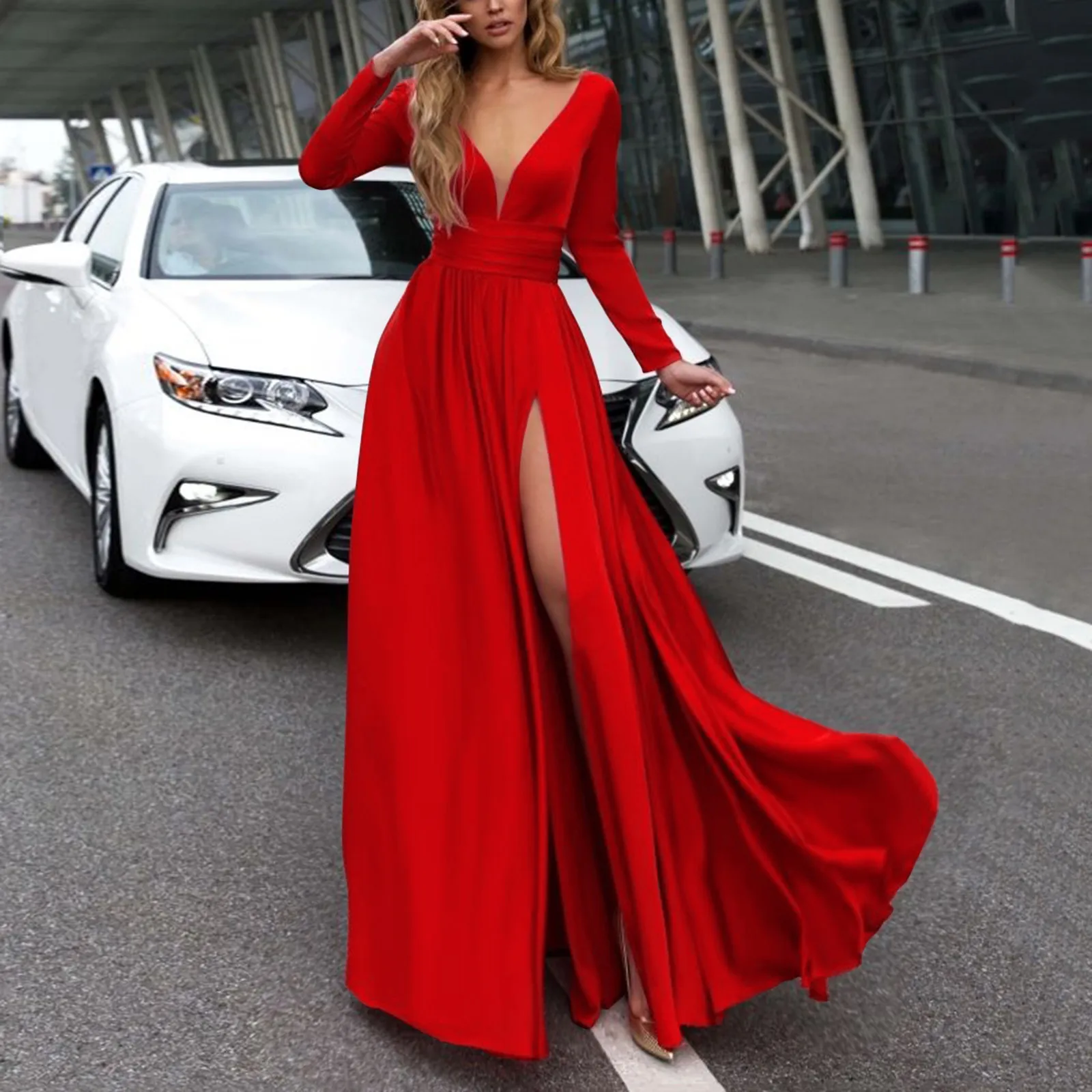 

Women'S Solid Color Banquet Evening Dress Deep V Long Sleeve High Waist Side Slit Sexy Long Dress Elegant Aesthetic Dress