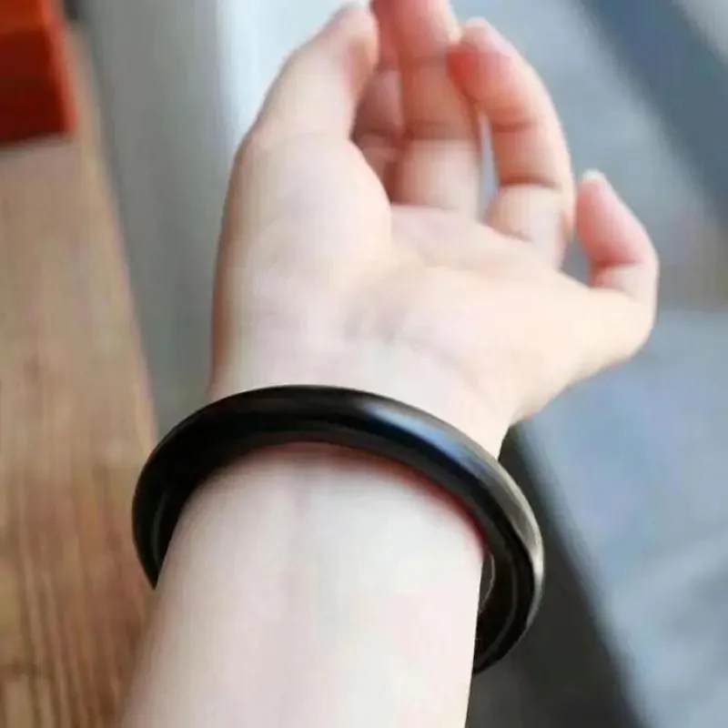 Natural Hetian Nephrite Black Jade Bangle Thick Round Barrel Bracelet Authentic Black Jade Bracelet Women Elegant Jewelry Gifts