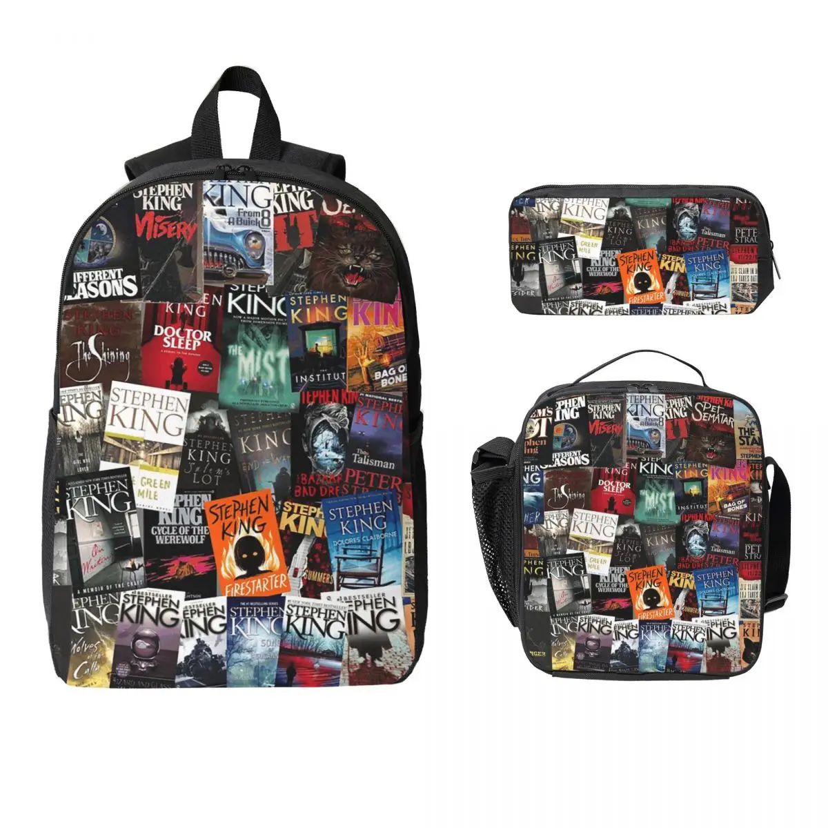 Stephen King Book Covers, Horror Bookworm Backpack Student Boys Girls BookBag School Bag 3ps Insulated Lunch Bag Pencil Case