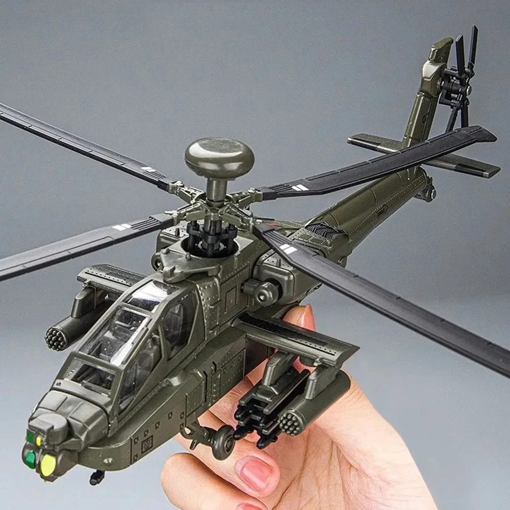 1/32 AH-64 Apache Helicopter Model Toy Alloy Diecast Model Plane With Sound Light Metal Propeller Rotation Toys For Boys Gifts