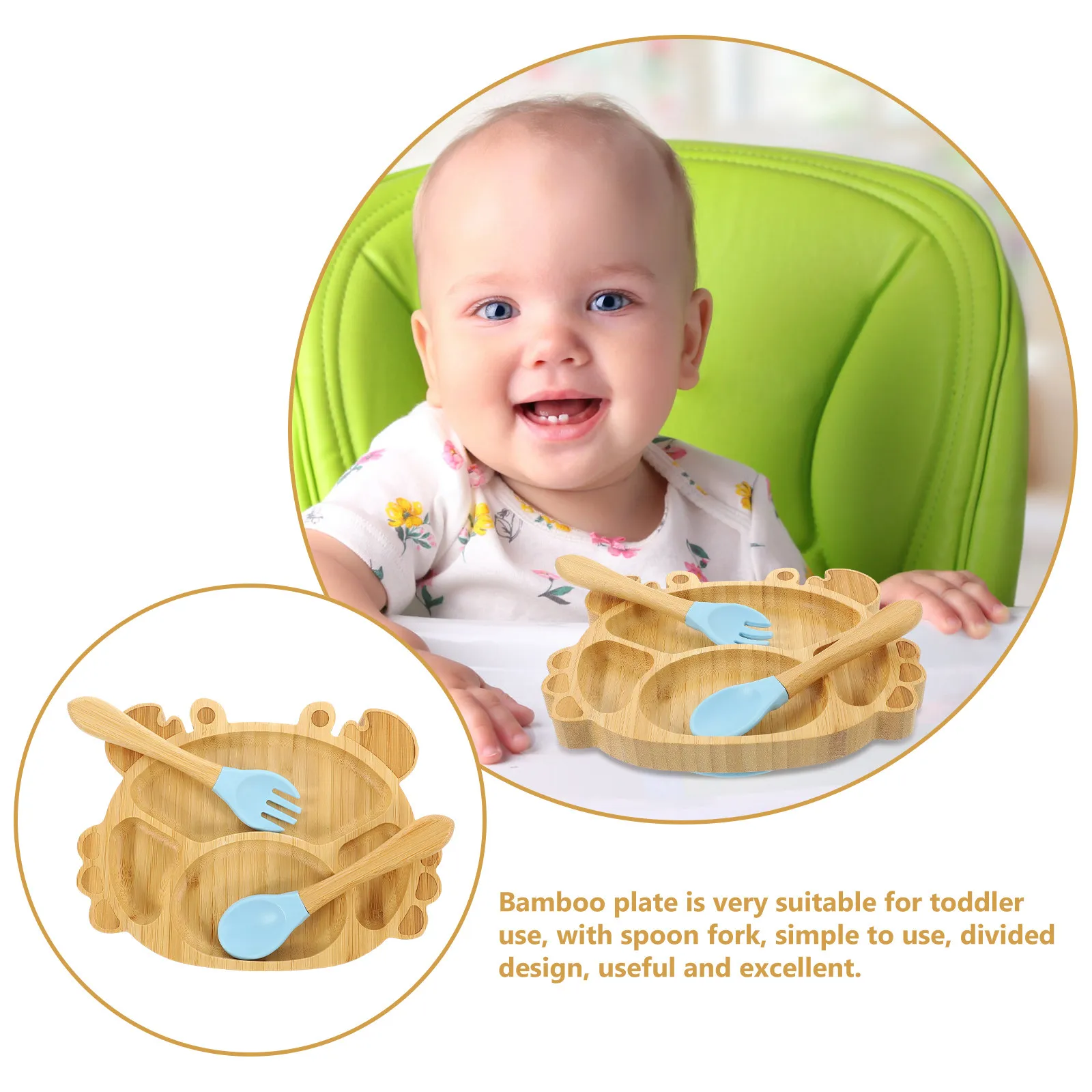 1Set Toddler Bamboo Suction Plate Set Cute Decorative Divided Design Strong Suction Cups for Baby Feeding Silicone Bamboo Kids