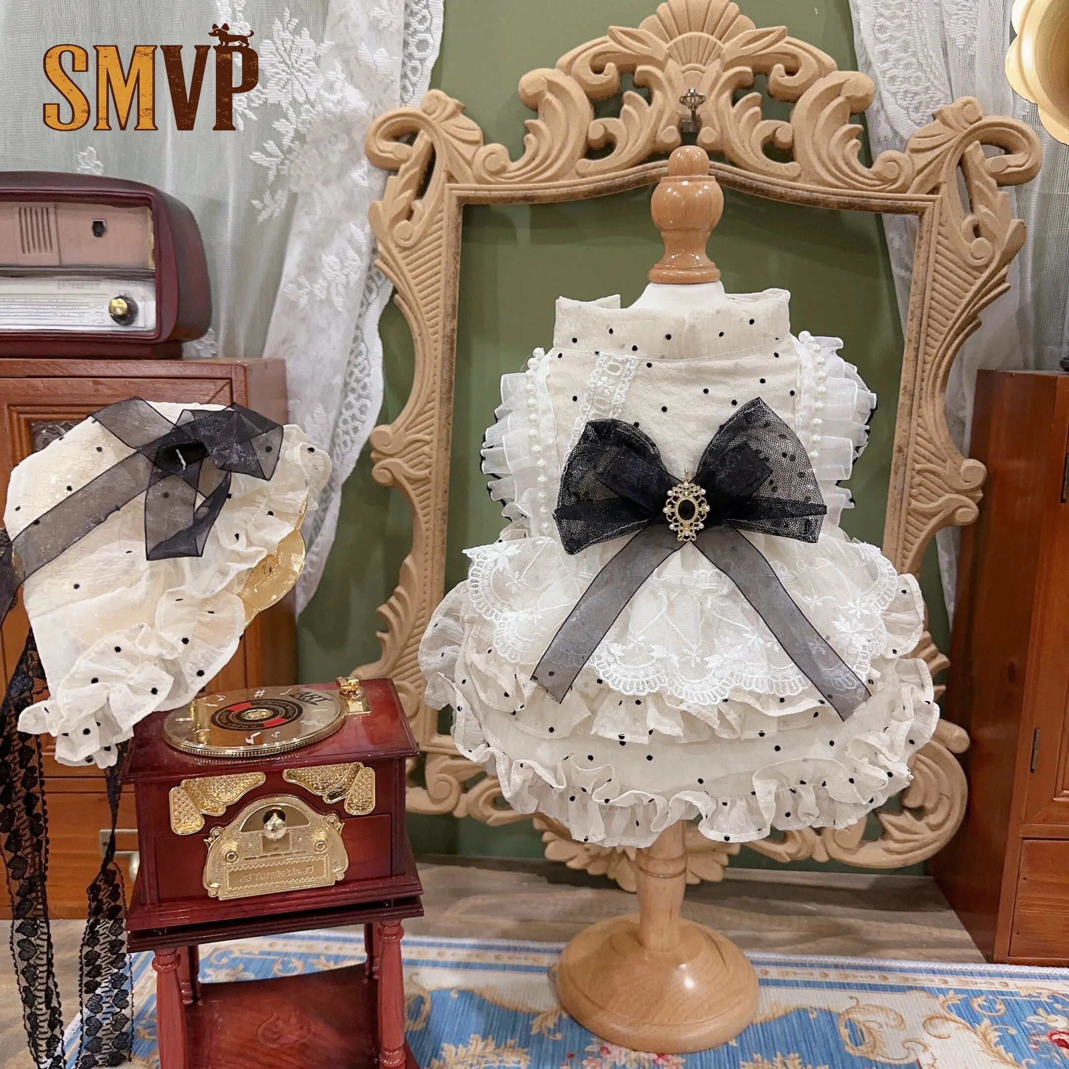 

Original Design Black and White Polka Dot Stitching Lace Lolita Retro Elegant Princess Cake Dress Kitten Puppy Dress