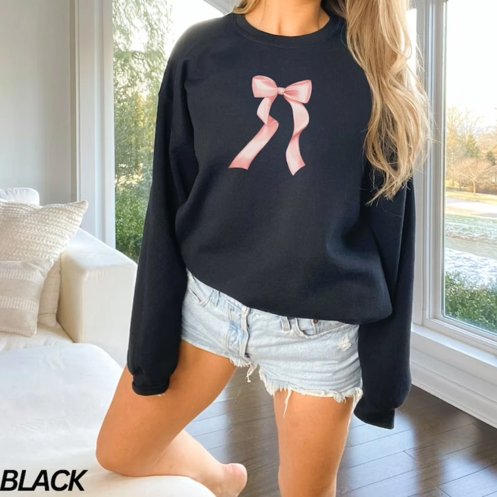 Pink Bow Sweatshirt Ribbon Coquette Aesthetic Shirt Women Trashy Y2K Cute Trendy Preppy Crewneck Harajuku Pullover Kawaii Clothe