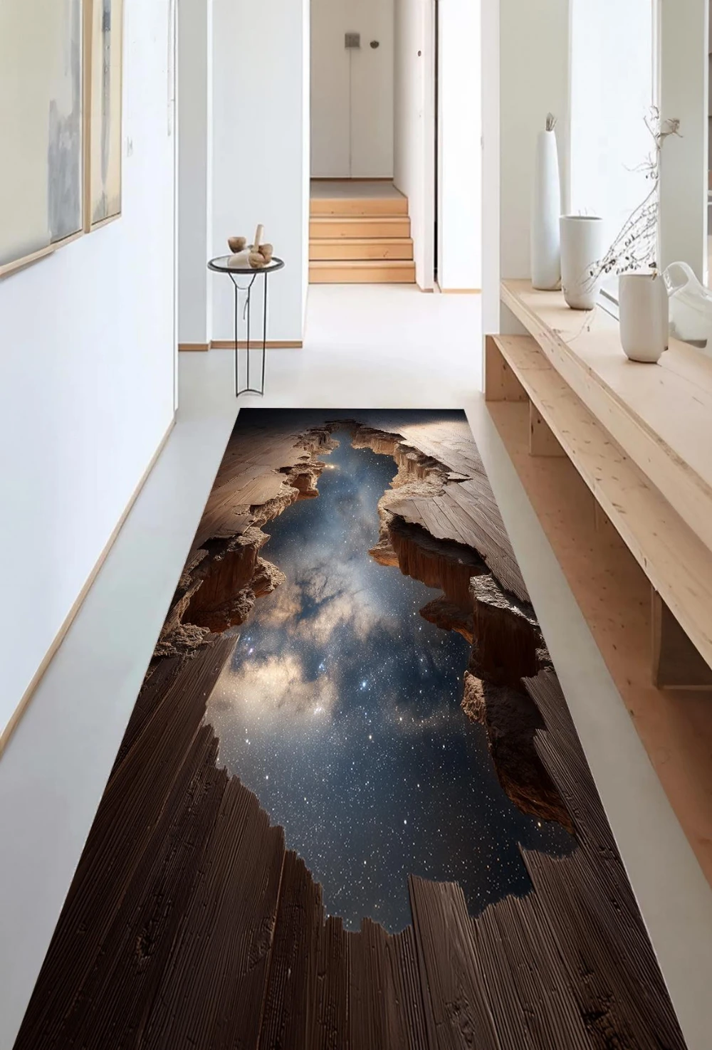 Retro 3D Stone Cellar Wooden Stair Optical Illusion rug basement cabin game room lounge corridor eye catching floor decor