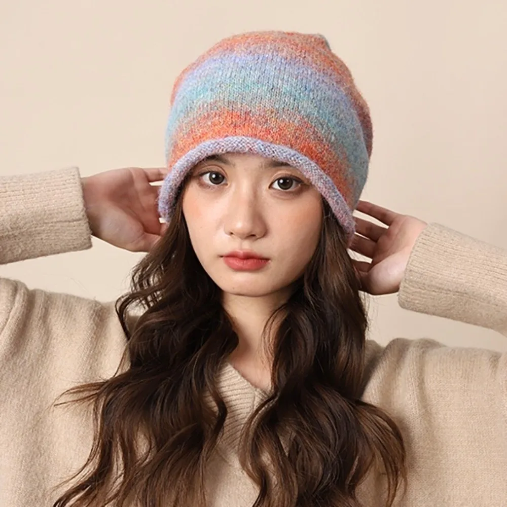 Fashion Gradient Color Knitted Stacked Hat Rolled Brim Loose Y2K Pullover Cap Soft Elastic Brimless Beanie Cap Autumn Winter