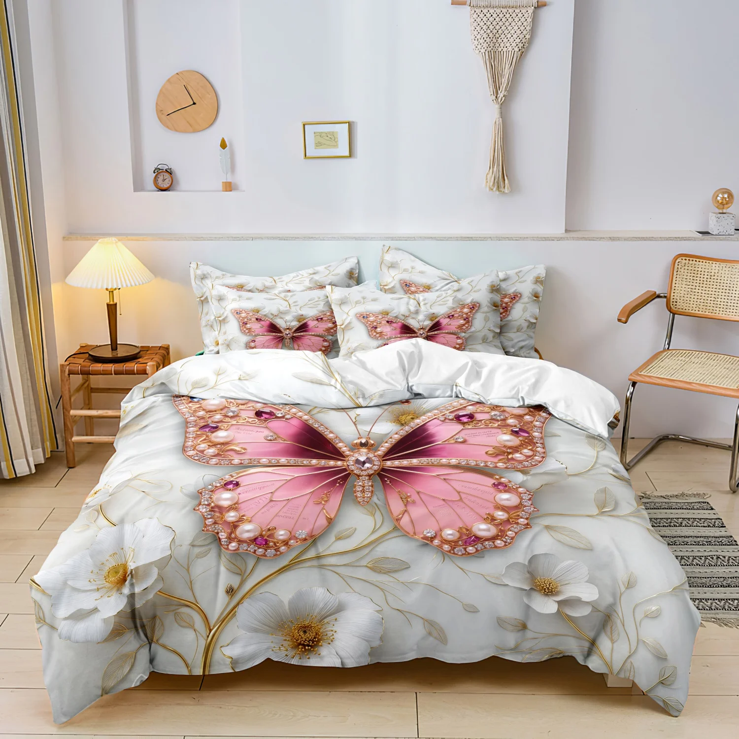 Grey Pearl Rhinestone Pink Butterfly Floral Print 3Pcs Duvet Cover Set,Luxury Golden Branch Butterfly White Flower Print Bedding
