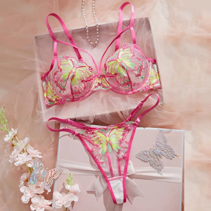 

Sexy Female Lingerie Romantic Bra Set Fantasy Butterfly Embroidered Erotic Lingerie Transparent Underwear Soft Mesh Lingerie Set