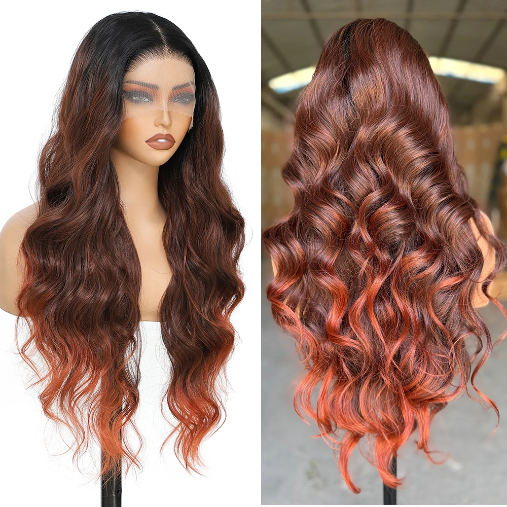

Ombre Red 13x4 Кружевной фронтальный парик Синтетические волосы 30 дюймов Длинный объемный парик 180% Плотность HD Прозрачный парик шнурка для женщин