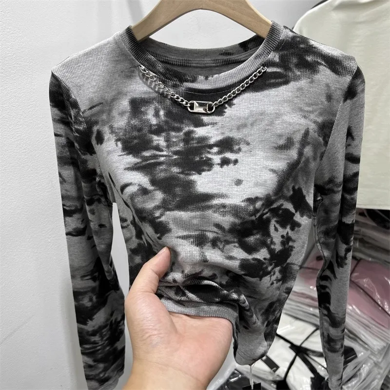 Tie Dyed Ink Painting Long Sleeve T-shirt Roumd Neck Chain Slim Tees Spring Autumn Chic Women Short Tops