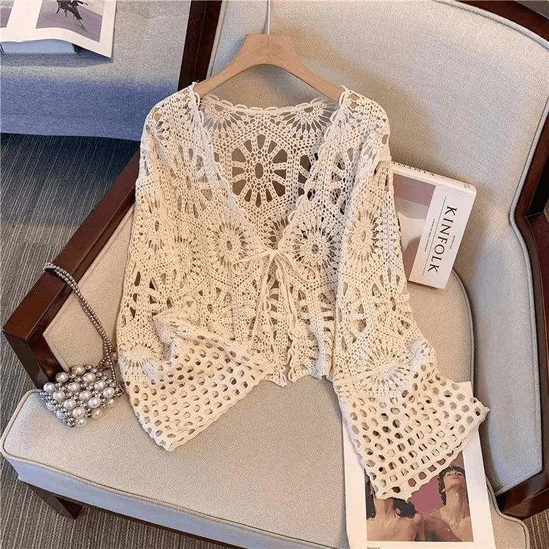 Women's Crochet Lace Cardigan, Hollow Out Floral Knit Tie Front Kimono, Boho Summer Beach Cover Up for Vacation Daily