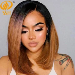 Short Ombre Honey Blonde Bob Wig com cabelo de bebê para mulheres negras, perucas de cabelo humano marrom, perucas laterais parte do laço