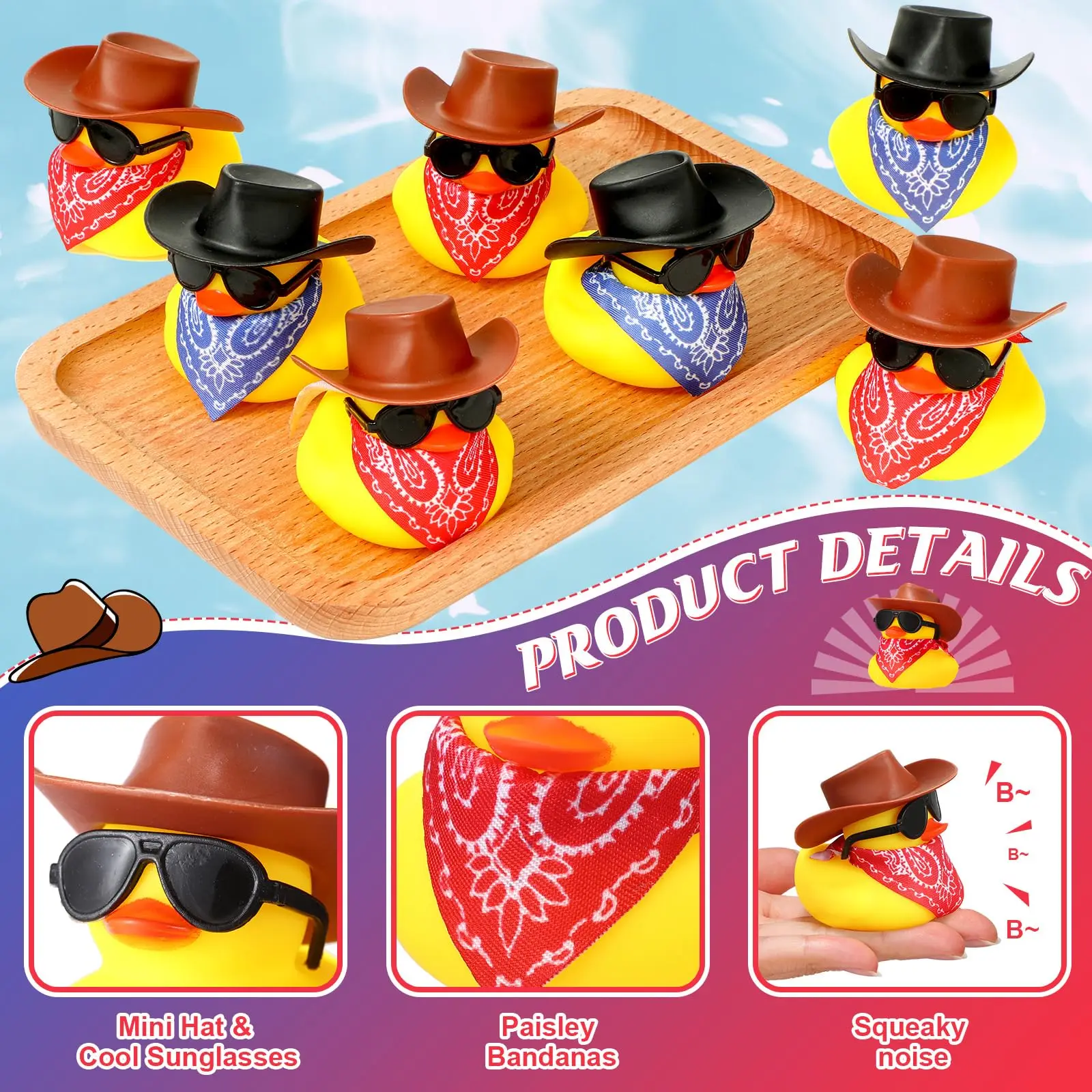 2-60Set Cowboy Rubber Duck Mini Yellow Duckies Bath Party Toy Tiny Ducks Bathtub Toy with Cowboy Hat Paisley Bandanas Sunglasses