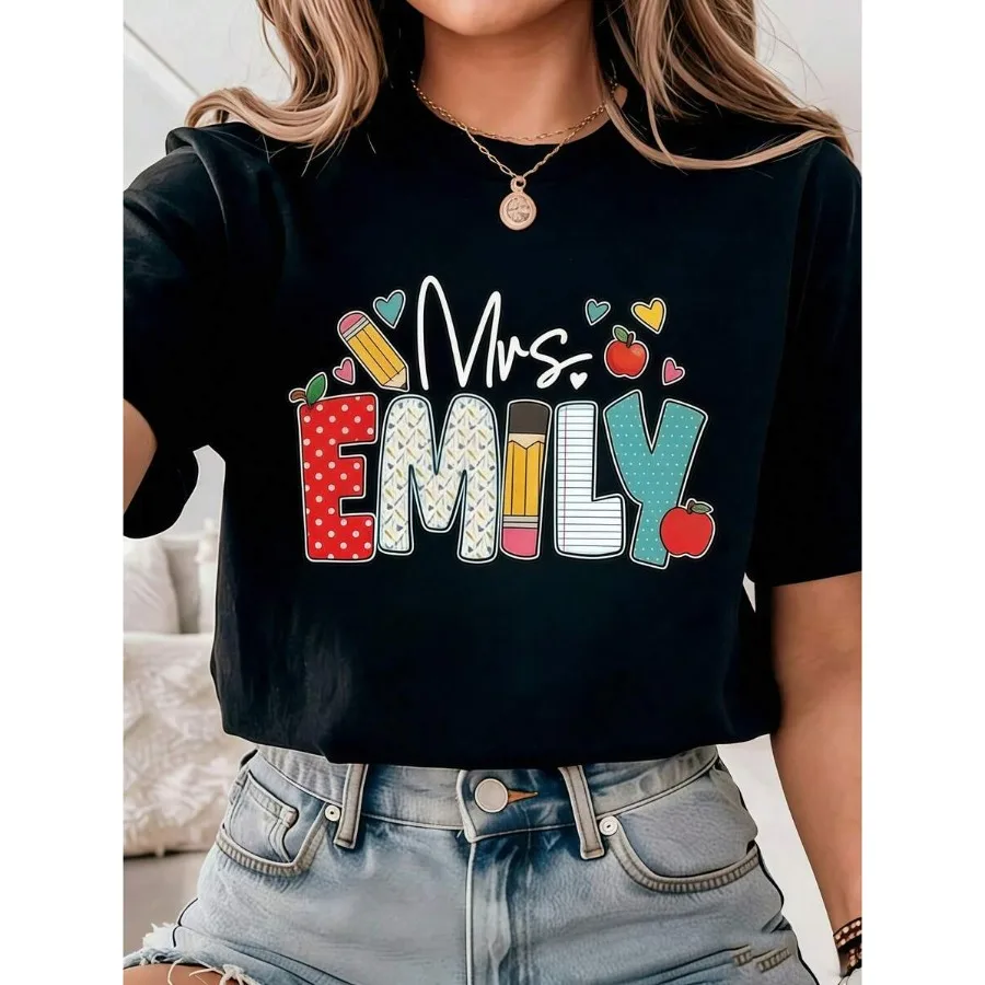 【Nuevo estilo】1 pieza de ropa para mujer con estampado de manzanas y lápices, camiseta negra, camisetas blancas con gráficos para mujer, Unis