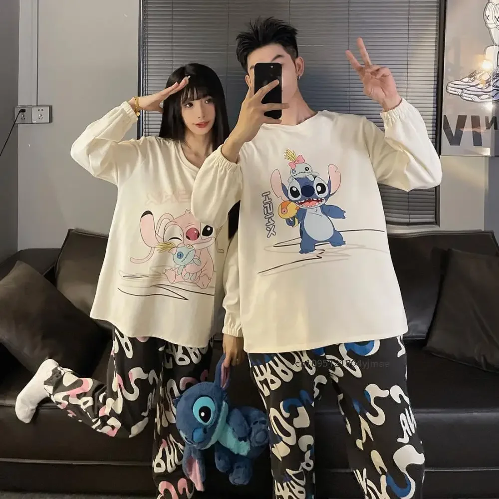 

Disney Anime Cartoon Stitch Couple Pajamas Woman Men Spring Round Neck Long Sleeved Pants Pyjamas Sets Print Loose Home Wear Set