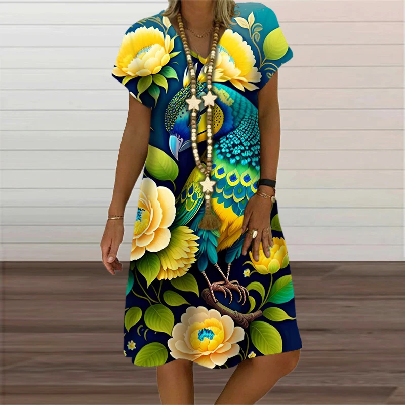 Gele Bloemenprint Jurken Voor Dames Kleding Zomer Vogel Patroon Korte Mouw Losse Jurk Mode Casual V-Hals Oversized Jurk