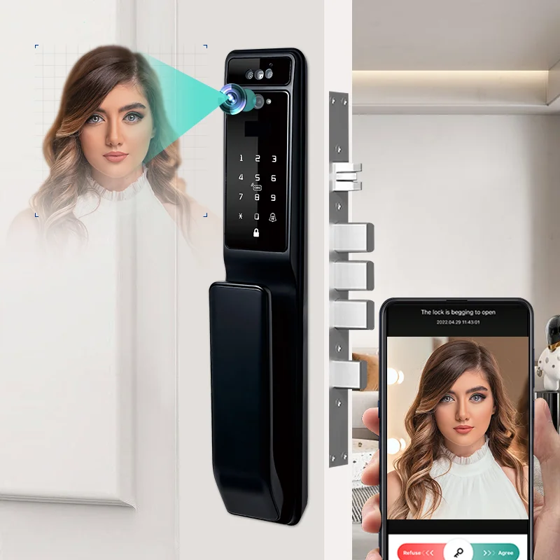 Smart Door Lock com Câmera, Reconhecimento Facial, Impressão Digital, Senha, Automático, Eletrônico, WiFi