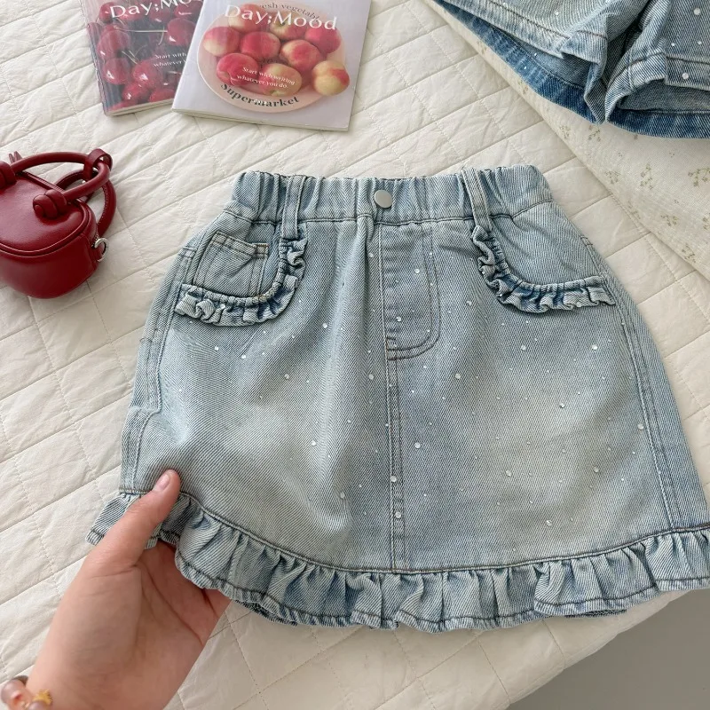 Girls' Summer New Soft Stone Polished Full Diamond Hot Stamping White Denim Shorts Fashionable Stylish
