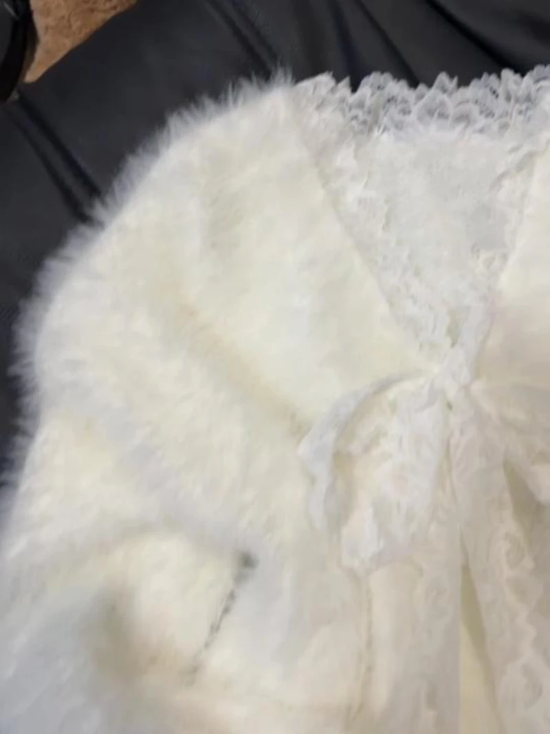 Spitze Patchwork V-ausschnitt Pullover Für Frauen Frühling Herbst Lose Faux Nerz Pelz Plüsch Weiß Top Weiche Vielseitig Warme Solide Pullover