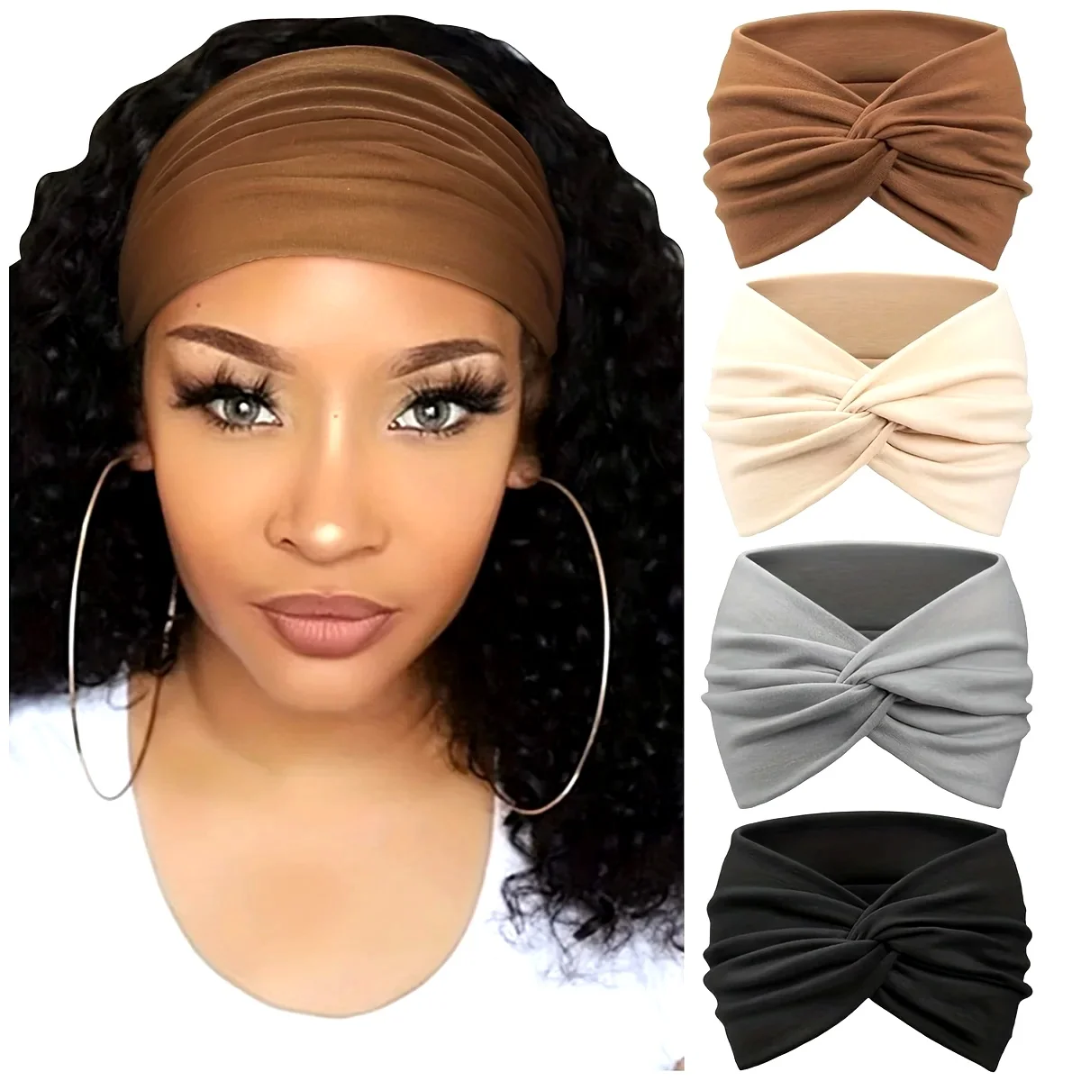 4 piece soft retractable sports headband - sweat wicking, wide brim, headband style, knitted fabric,