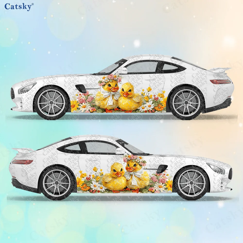 

2pcs Small Yellow Duck Flower Car Side Wraps, Self-Adhesive PVC Waterproof & Scratch-Resistant Stickers, Car Accessory Gift
