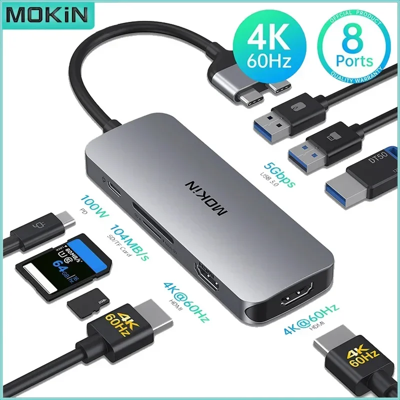 

MOKiN 9 в 1 USB C Hub Док-станция HDMI 4K 60 Гц 100 Вт PD Зарядка USB C к SD/TF Card Reader RJ45 для MacBook Pro/Air Ноутбуков