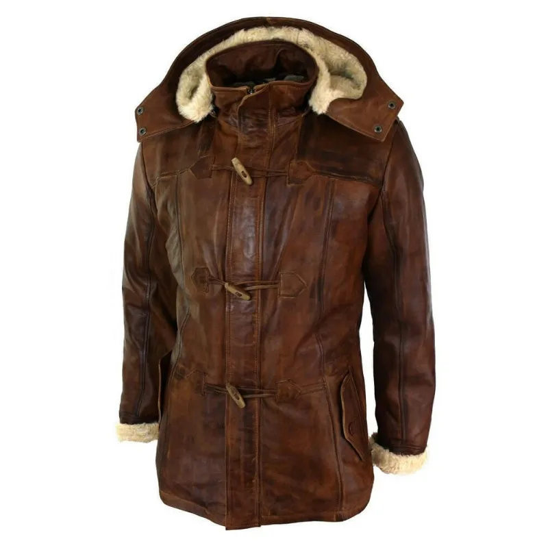 

Men's Brown 3/4 Tan Hooded Safari Fur Winter Long Real Leather Jacket