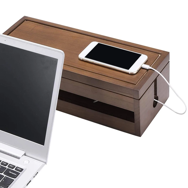 Cable Management Box Wooden Cord Organizer Box for Extension Cord Power Stripe Surge Protector Wire (Coffee Color)