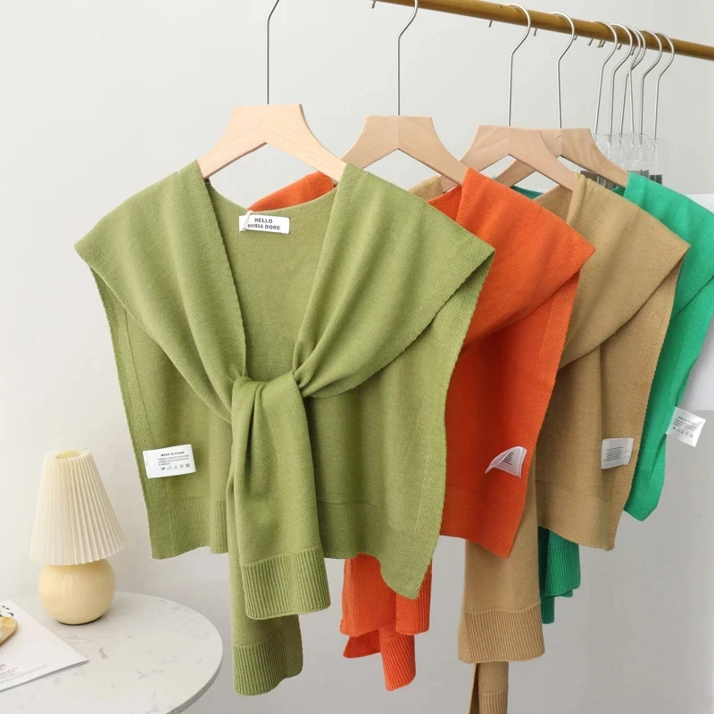 Knitted Tops Female Knit Thin Autumn Knotted Cape Sunscreen Shawl For Women All Season