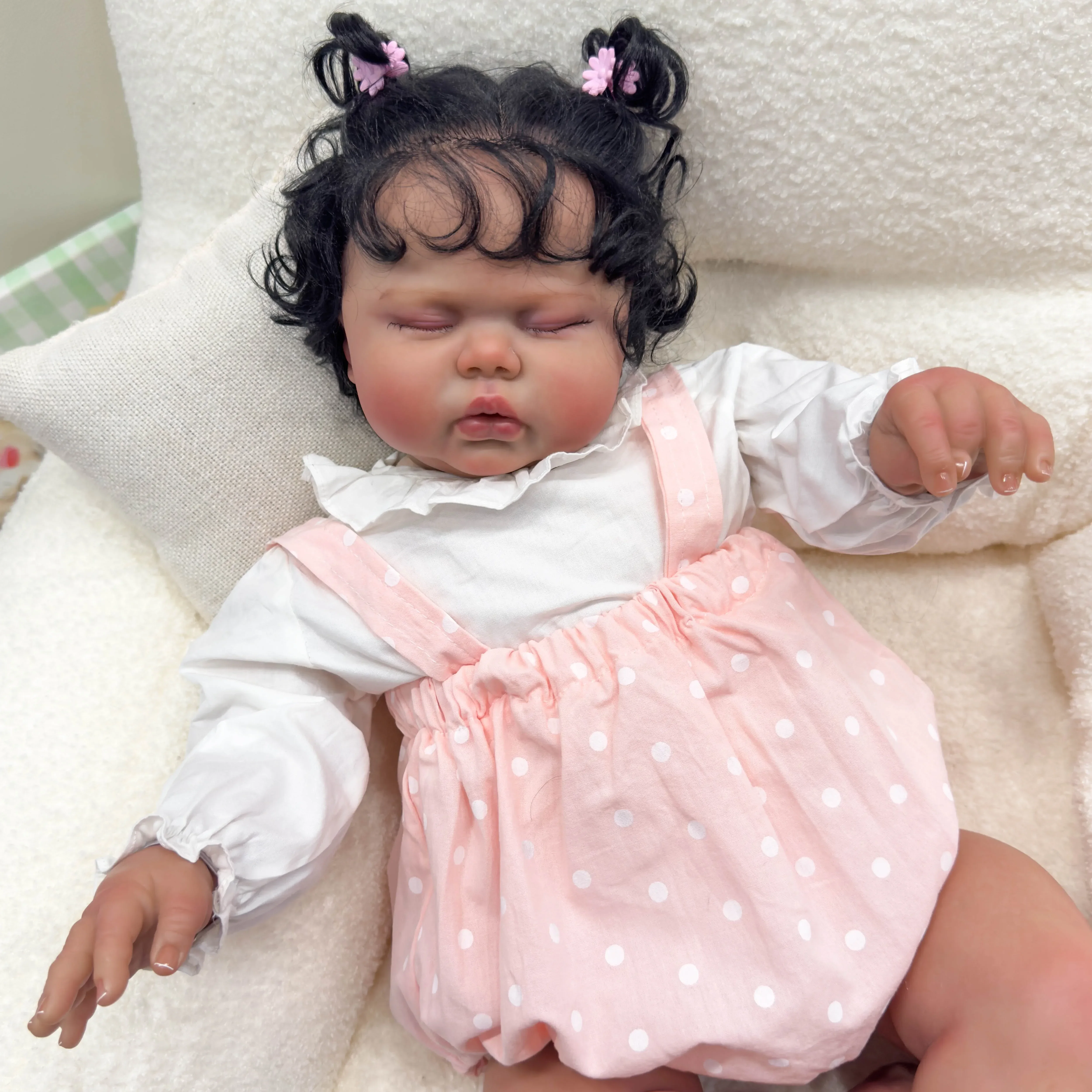 24Inch Pickle Sleeping Dark Skin Soft Cloth Body Lifelike Reborn Toddler Hand Rooted Hair Cuddly Baby Girl Doll  Baby