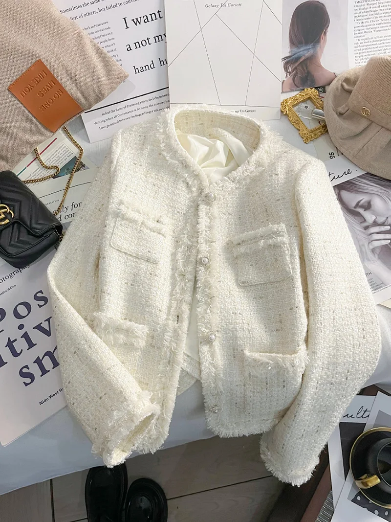 Fashion 2024 street Autumn Winter Pearl Button French Blazer for Women High quality Party Casual Jackets off-white tweed Coats