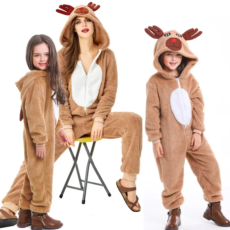 Christmas Reindeer Jumpsuits Role-playing Animal Suit Elk Coral Fleece Couple Costume Parent-child Hooded Deer Clothing Pajam*.1