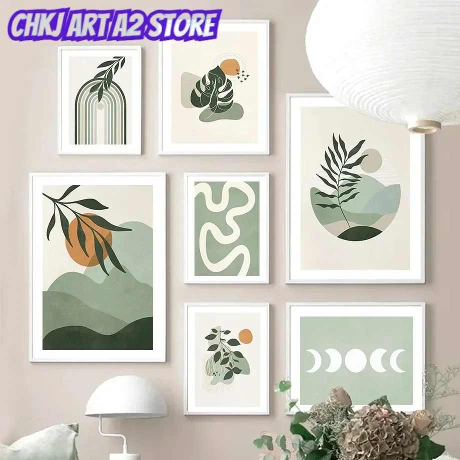 Abstract Green Plant Poster and Print Line Bohemian Moon Wall Art Sage Canvas Painting Nordic Wall Picture Living RoomDecorat