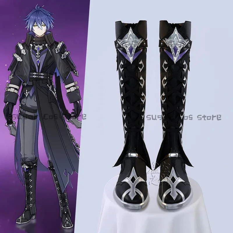 

qq28LQGenshin Impact Flins, обувь для косплея, черные длинные сапоги, реквизит для ролевых игр, Хэллоуина, карнавала, вечеринки, аксессуары для женщин