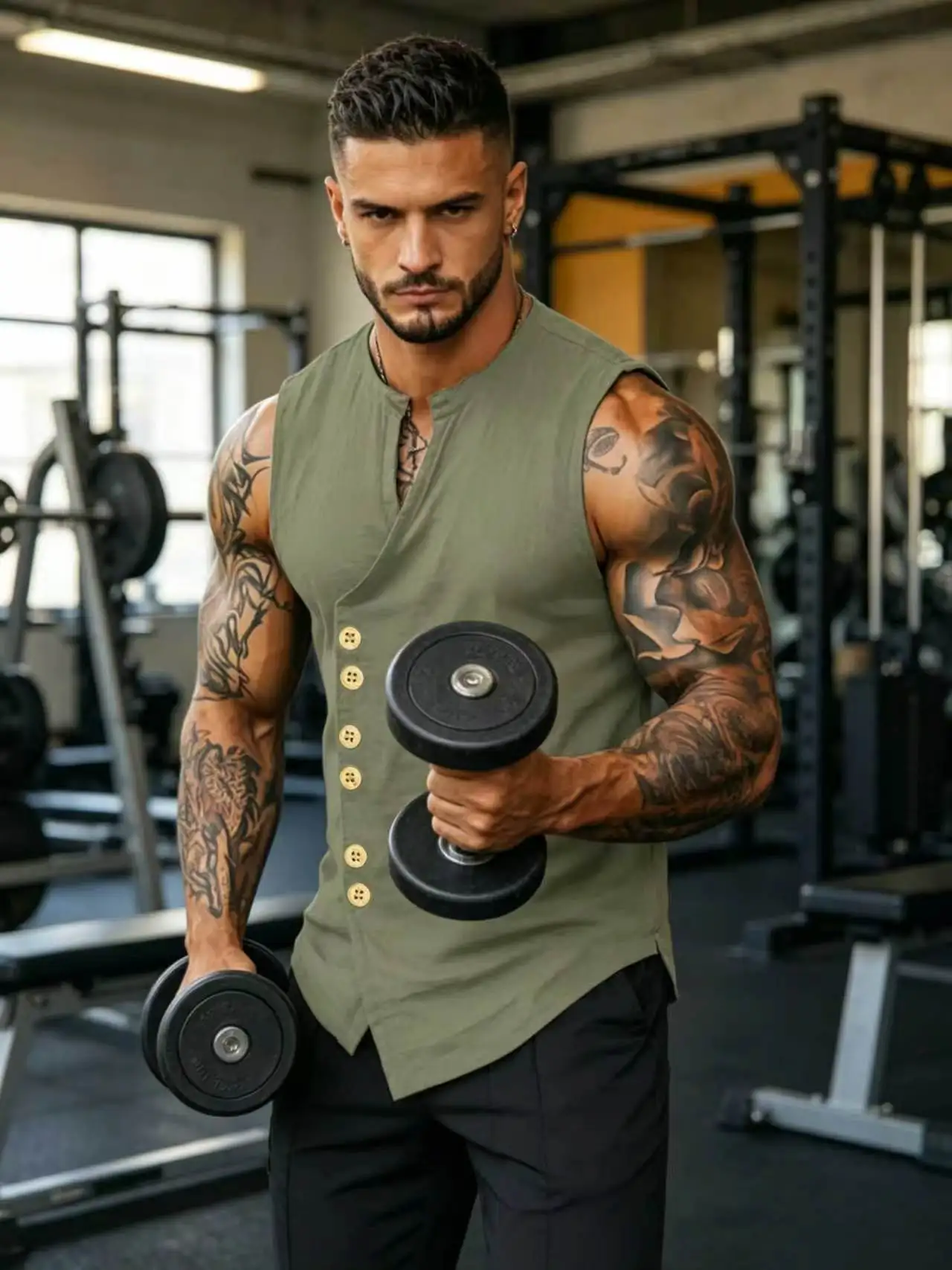 Men's Stand Collar Sleeveless Henley Vest Cotton Linen Breathable Solid Color Casual Workout Beach Waistcoat