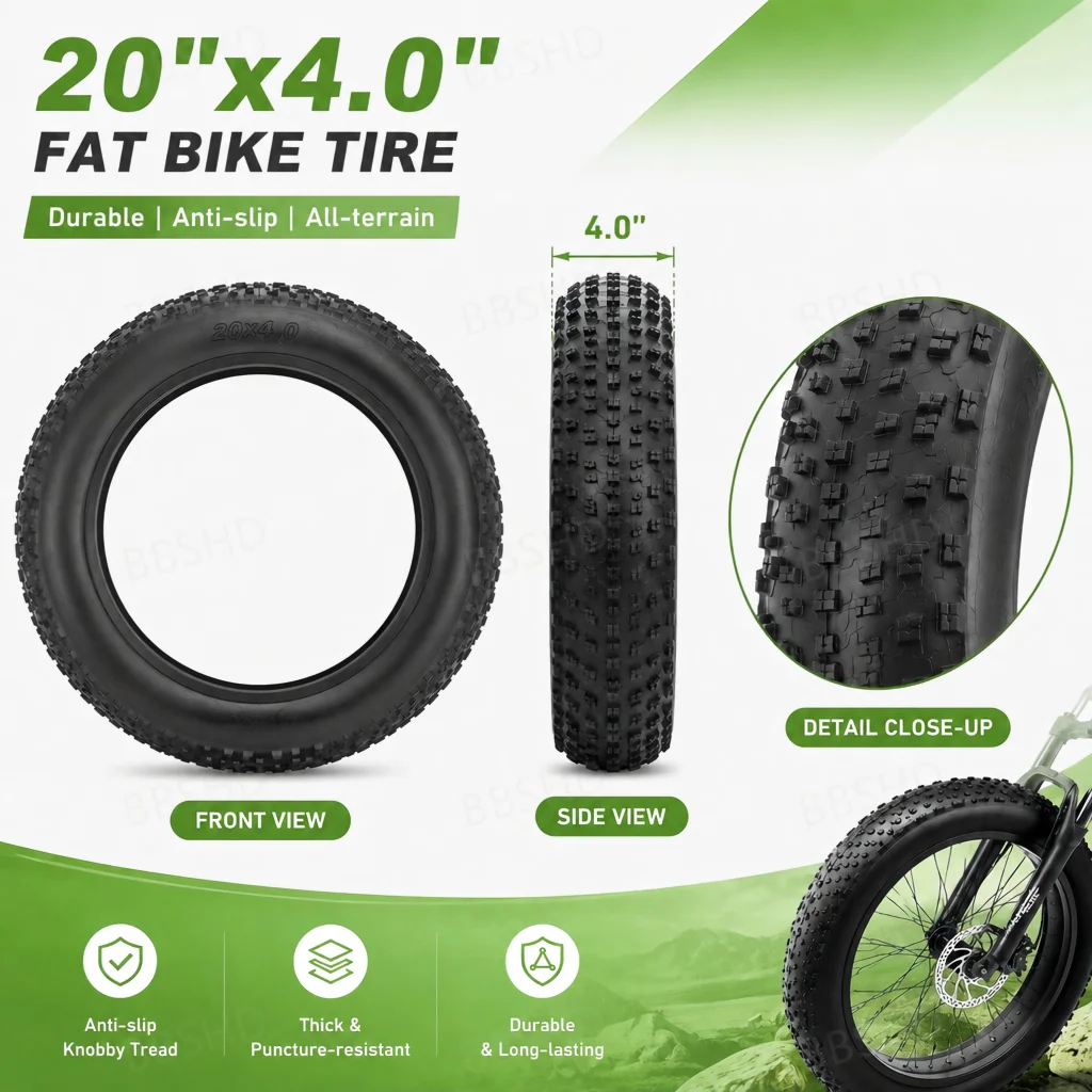 BBSHD 20×4 inches Fat Tire Electric Fat Bike Snow Beach Bicycle Tire and Inner Tube Valve Bike Parts Bicycle Accessories