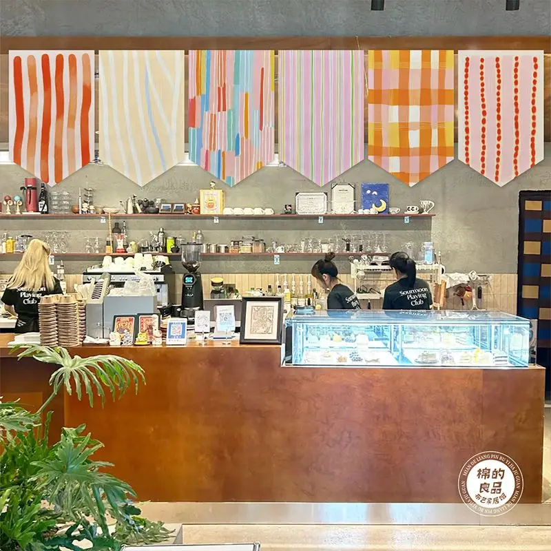 VIKAMA Rainbow Stripe Polka Dot Triangle Hanging Flag Noren Curtain Kitchen Cafe Dessert Shop Partition Banner Window Decor