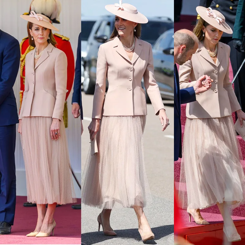 كيت ميدلتون 2025 خريف جديد المرأة دعوى طوق كم طويل ملابس خارجية شبكة ميدي تنورة مجموعة أنيقة تخفيف نمط لون نقي