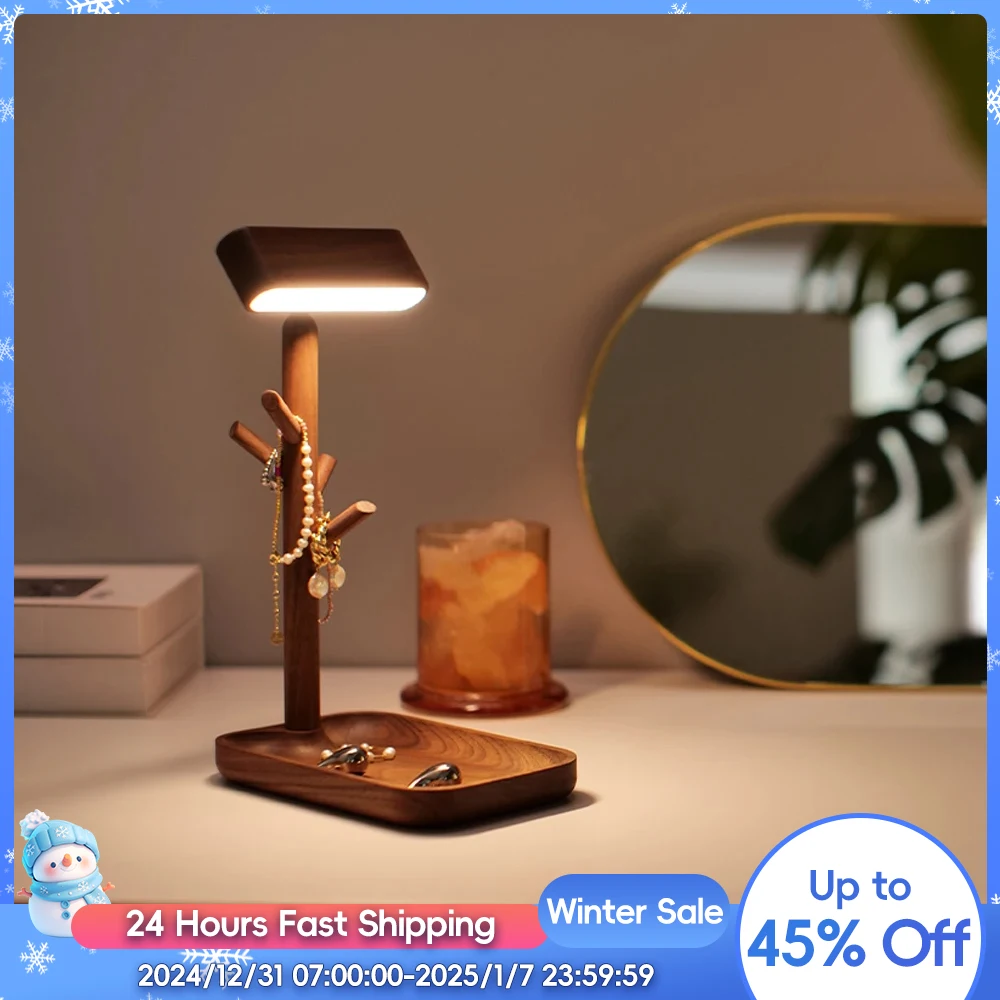 Nordic Wood LED Desk Lamp Branches Storage Tray Dimmable Black Walnut Table Lamp 360° Rotation Jewelry Storage Shelf for Bedroom